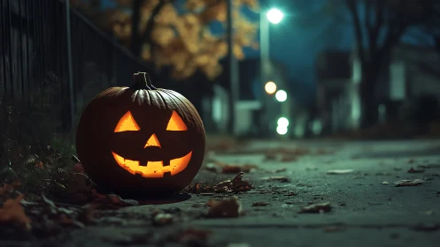 Glowing jack-o-lantern smiles along a quiet Halloween street.