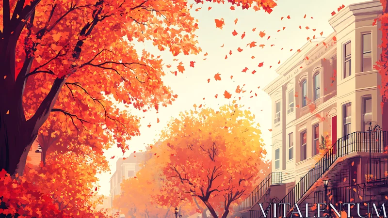 Golden autumn trees brighten a quiet city neighborhood street