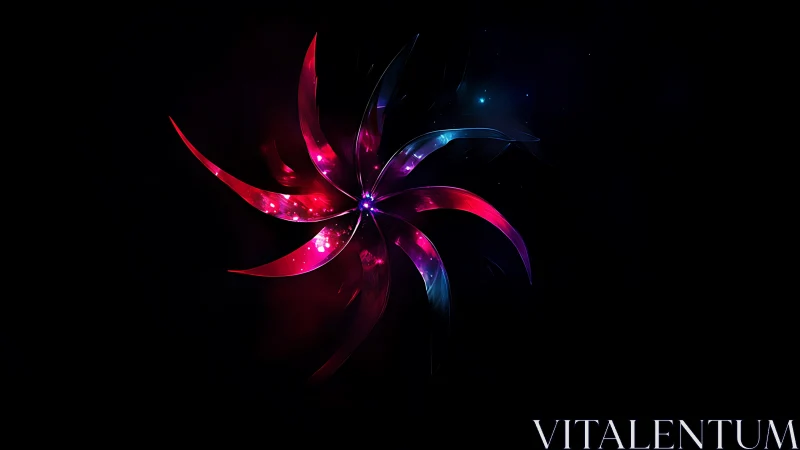 Neon swirling flower shape on dark cosmic background.