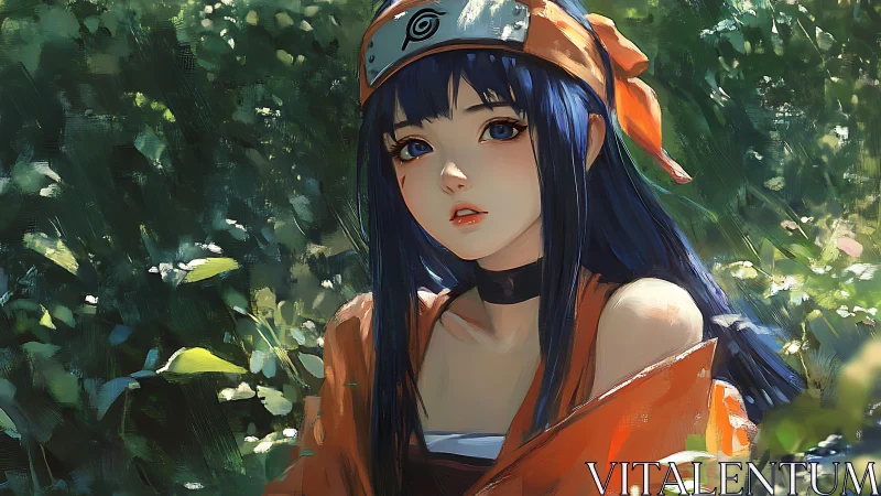 Anime girl with headband sits in sunlit forest clearing