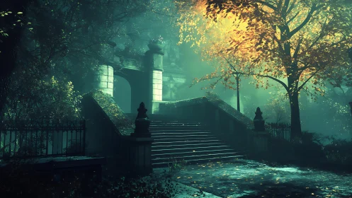 Misty stone staircase leading to an old mansion at dusk.