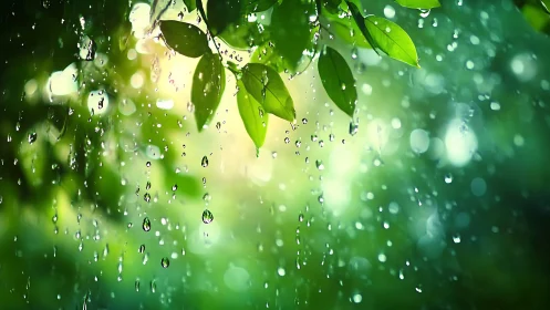 Gentle summer rain sparkling across fresh green leaves.