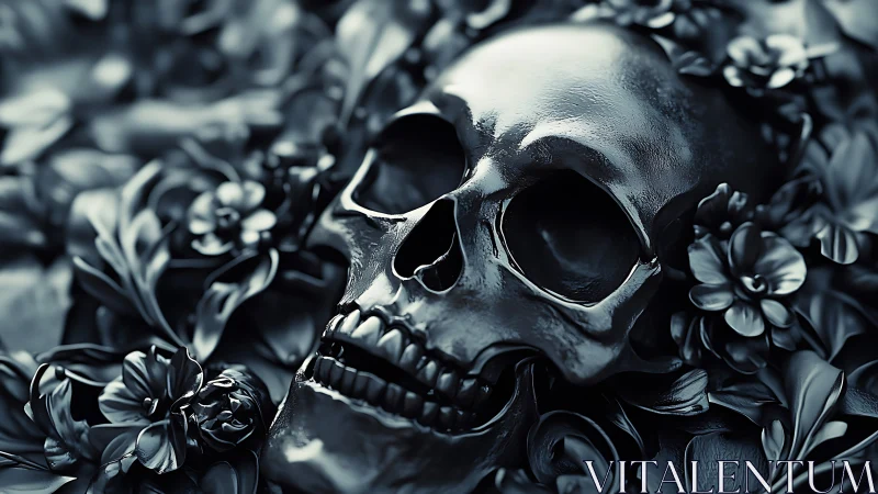 Polished human skull amid monochrome metallic floral relief