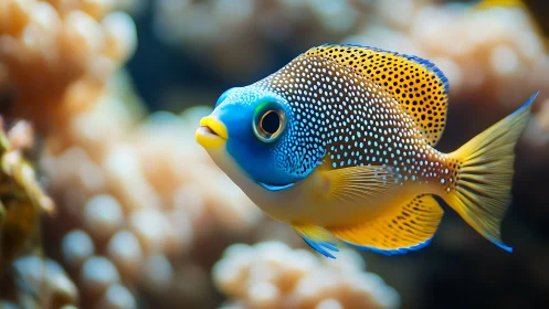 Spotted tropical reef fish in shallow coral habitat underwater.