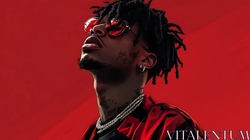 Stylized male portrait with red background and jewelry.