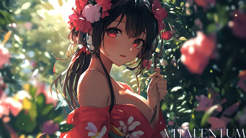 Garden glow girl in red kimono surrounded by drifting petals.