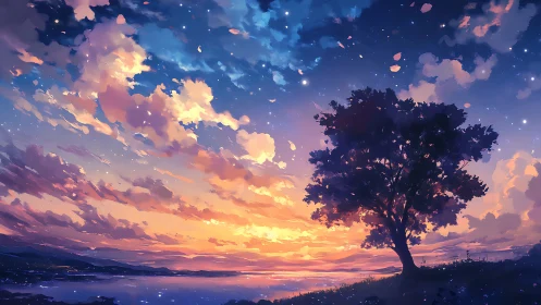 Silhouette tree stands before vivid digital sunset sky