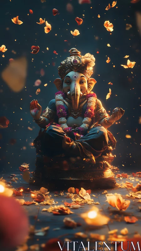 Ganesh idol glows amid floating petals and ritual lights