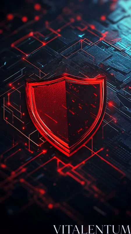 Radiant red cyber shield over glowing circuit matrix.