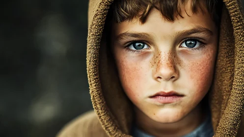 Child in Golden Hood with Piercing Blue Eyes and Freckles.