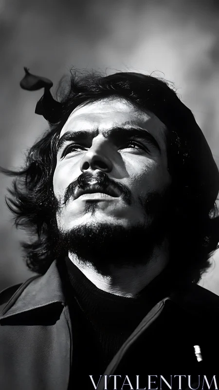 High-contrast monochrome portrait isolates upward-gazing male face