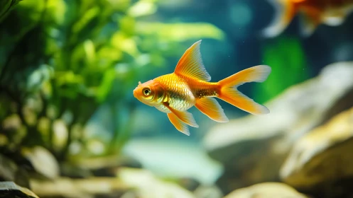 Selective focus study of orange goldfish in planted aquarium