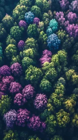 Chromatic forest canopy viewed from above in vivid bloom.