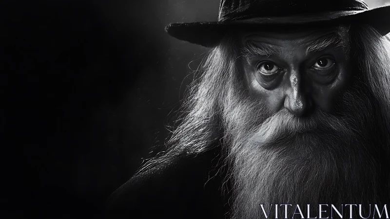 Monochrome portrait of elderly bearded man in wide hat.