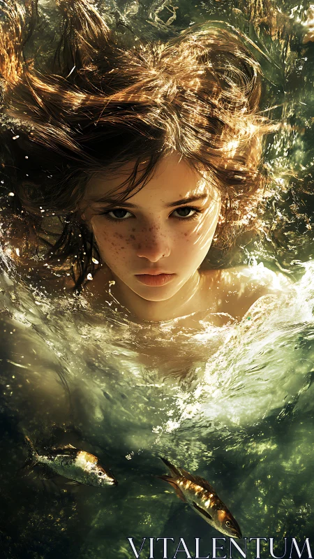 Wild river gaze with freckled swimmer and silver fish.