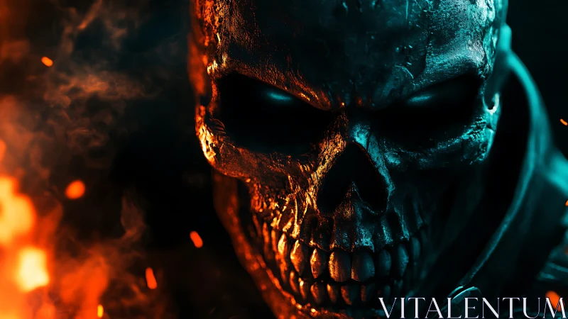 Digitally rendered skull face is illuminated by contrasting fire