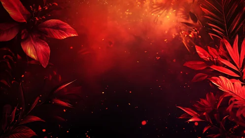 Glowing crimson jungle leaves framing a dreamy ember sky.