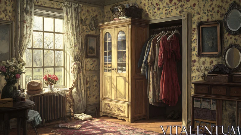 Sunlit vintage bedroom glows around an open wardrobe.