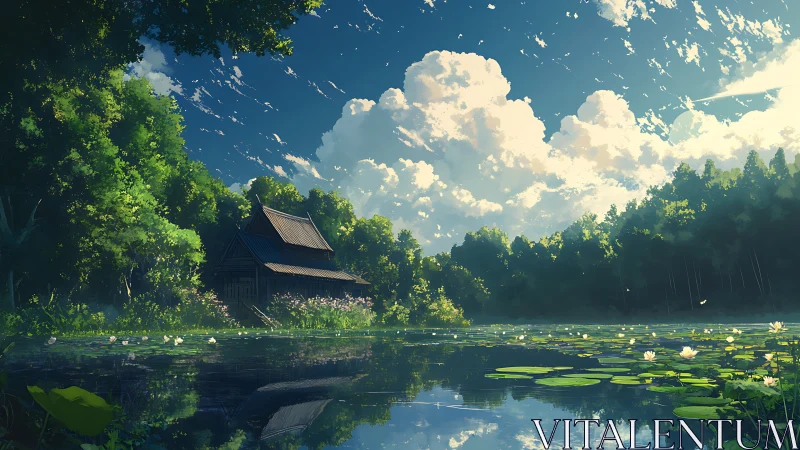 Digital painting of lakeside forest shrine with luminous sky.