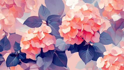 Pink Hydrangea Blossoms with Dark Foliage in Soft Light