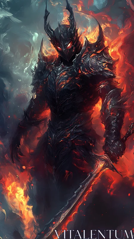 Armored humanoid figure in flames with sword in hand.