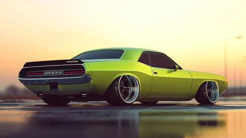 Lime green muscle car rests on wet asphalt at sunset