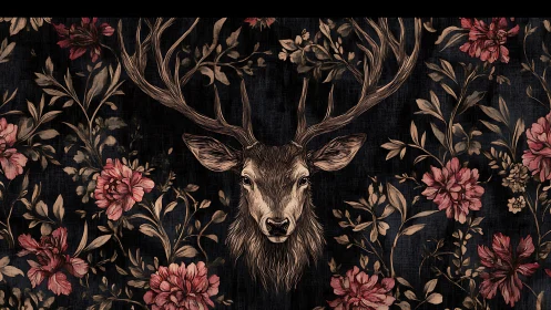 Stag head with branching antlers in dark floral ornamental field