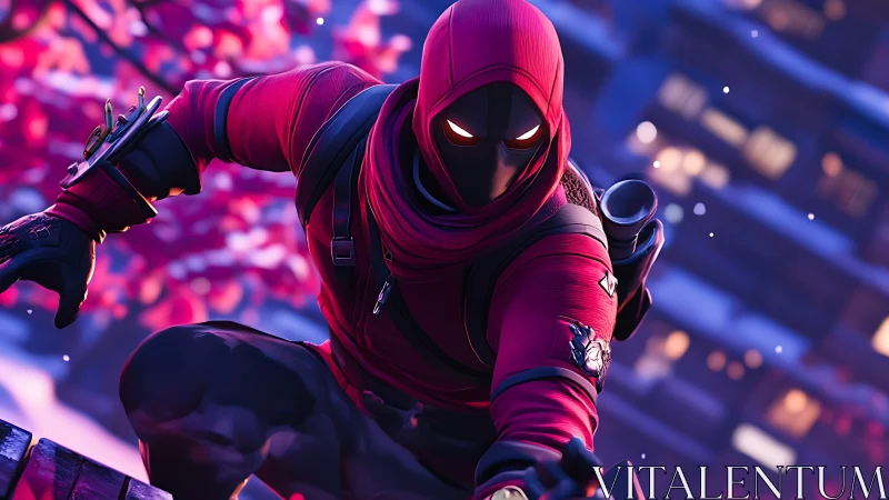 Dynamic red-hooded hero poised for action at twilight.