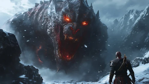 Warrior confronts colossal fiery dragon in icy valley.