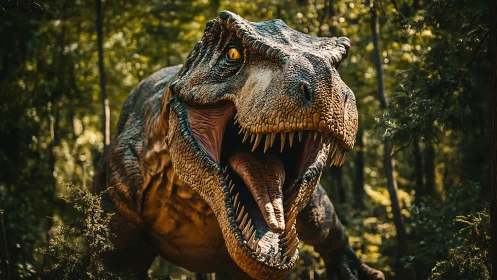 Tyrannosaurus rex model roars in dense green forest setting