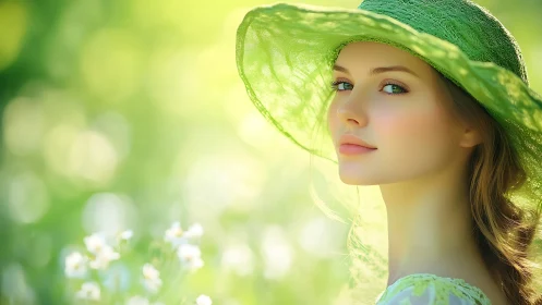 Sunlit garden muse in a luminous green summer hat.