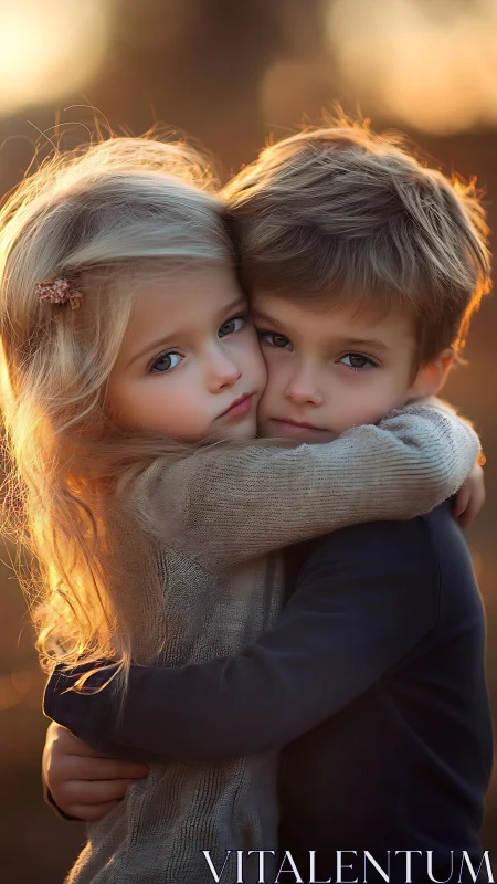 Two Children Embrace in Golden Sunlight