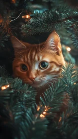 Ginger cat framed by LED-lit fir branches in shallow depth