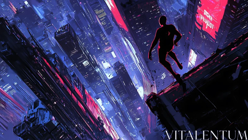 Neon city rooftop runner poised above luminous night streets.
