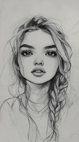 Graphite portrait drawing depicts a young woman in braided hair