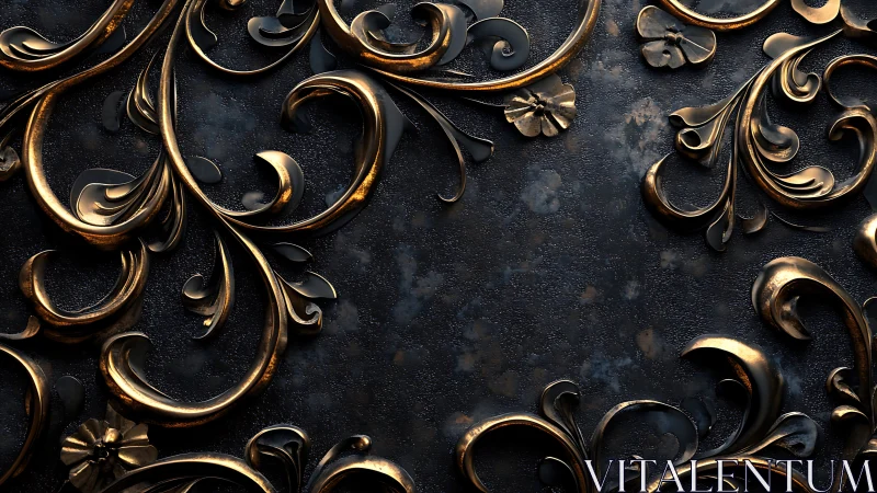 Baroque metallic scrollwork on dark textured patina background