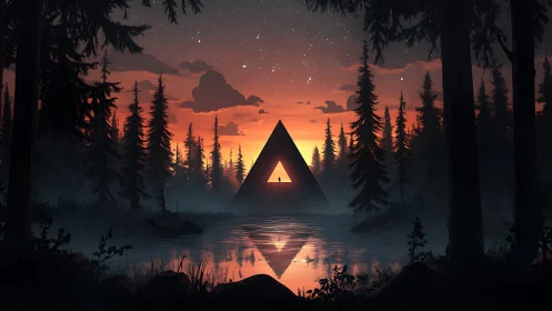 Twilight triangle sanctuary over a mirrored forest lake.