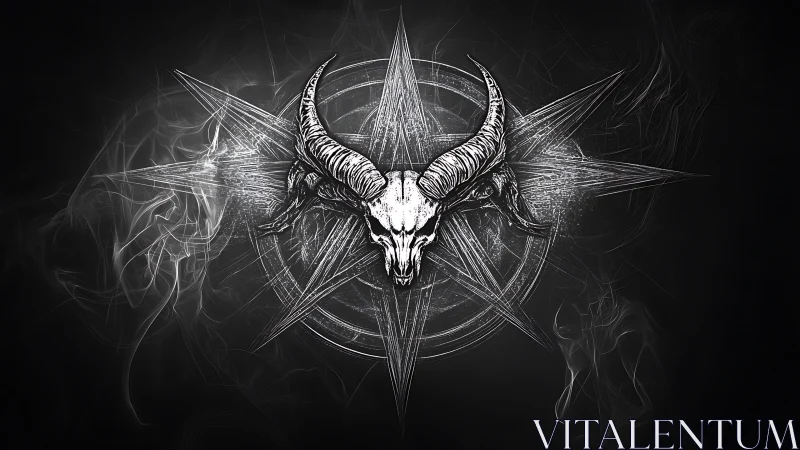 Ink-rendered horned skull emblem on radial starburst sigil.