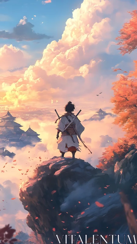 Samurai stands on cliff edge above clouds and distant temples