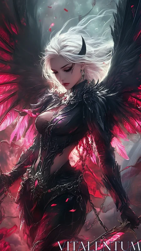 Dark winged battle seraph rendered in high-detail fantasy armor