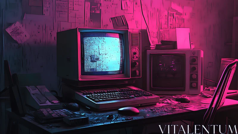 Retro workstation glows under neon magenta cyberpunk lighting