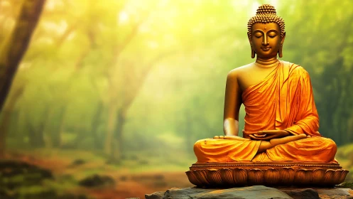 Golden Buddha resting in a sunlit forest sanctuary.