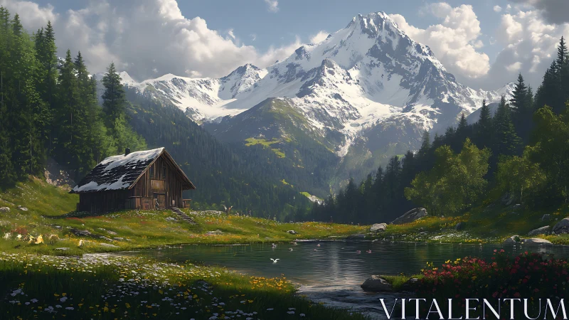 Wooden cabin beside alpine lake under snowy mountain peak.
