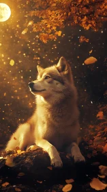 Autumn-lit husky gazes at full moon amid glowing leaf fall