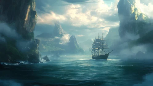 Sailing ship enters misty cliff passage under soft sunrise light