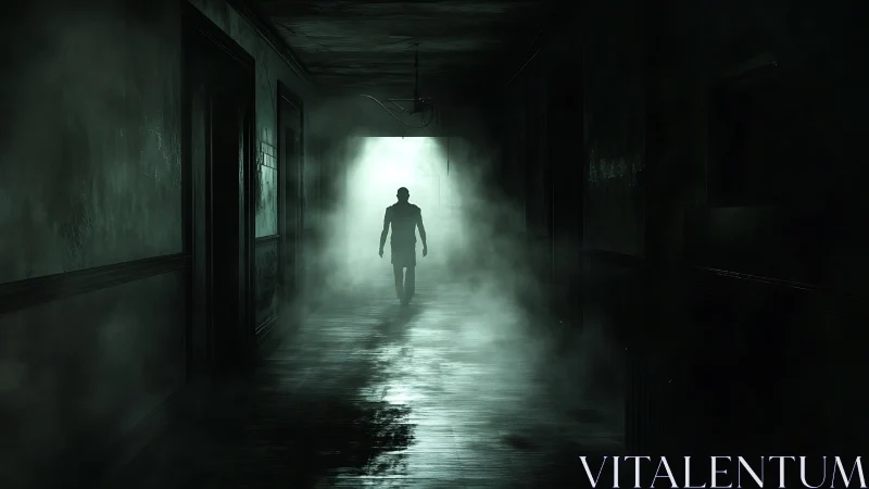 Fog-slashed corridor swallows a lone silhouette in silence