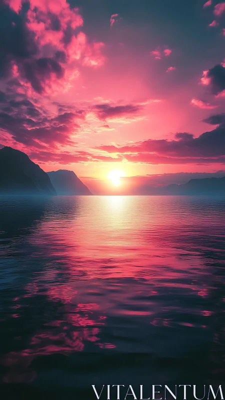 Neon dusk over quiet fjord waters, sky painted electric pink.