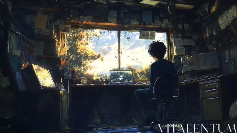 Digital painting of solitary workstation overlooking glowing forest window.