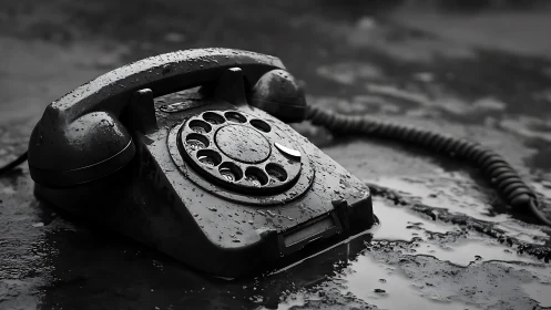 Vintage rotary phone lies abandoned in reflective rain.
