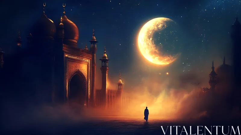 Crescent moon illuminates misty palace courtyard at night